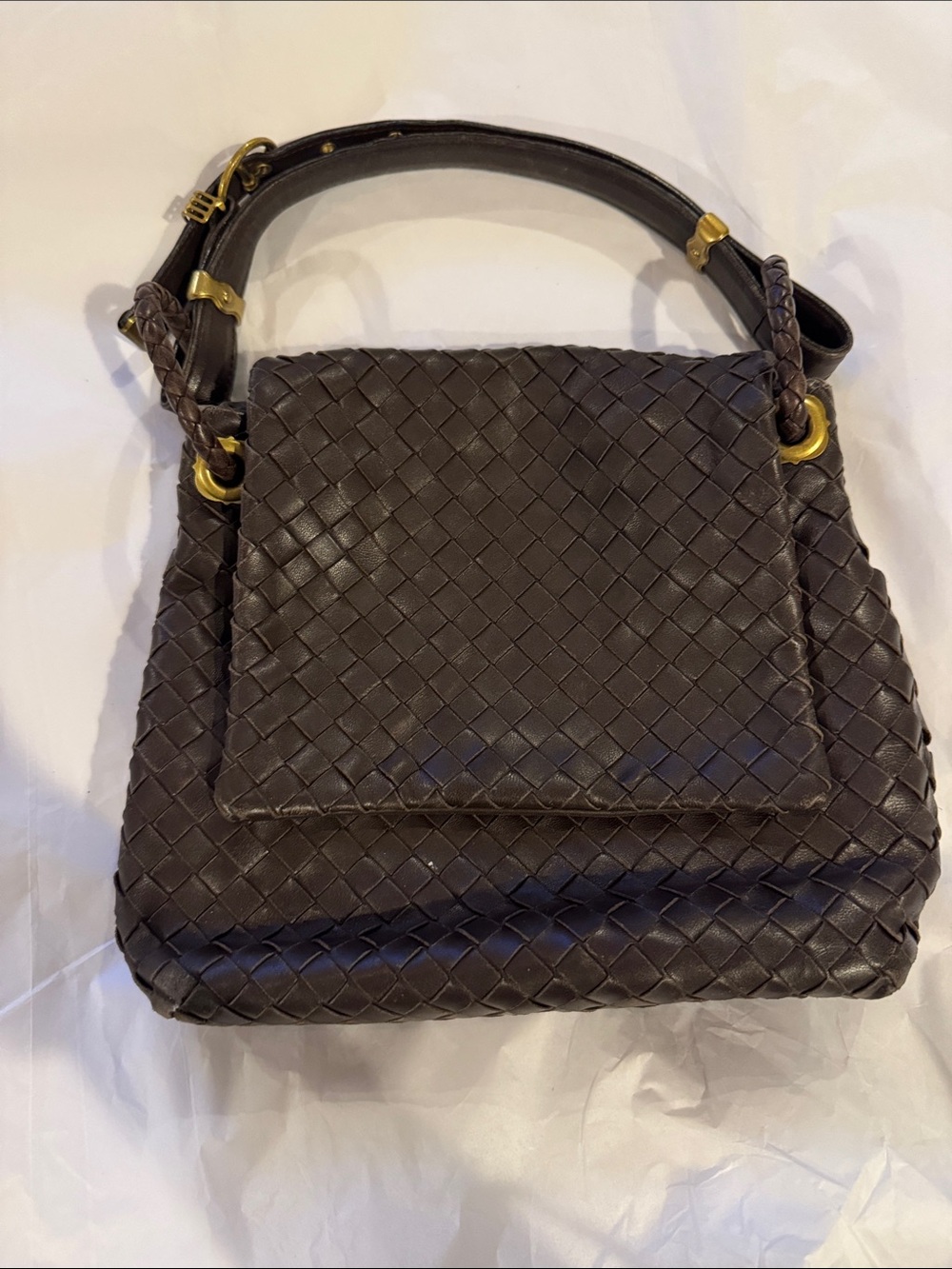 Bottega Veneta Intrecciato Woven Shoulder Bag in Dark Brown with Gold Hardware